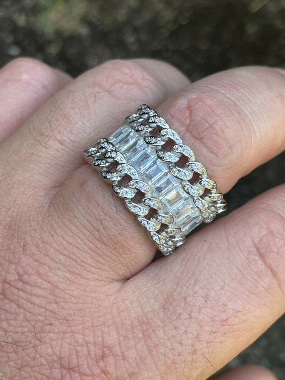Mens Miami Cuban RING Real Solid 925 Silver Iced Baguette Diamond Hip Hop Band