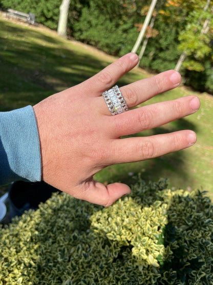 Mens Miami Cuban RING Real Solid 925 Silver Iced Baguette Diamond Hip Hop Band