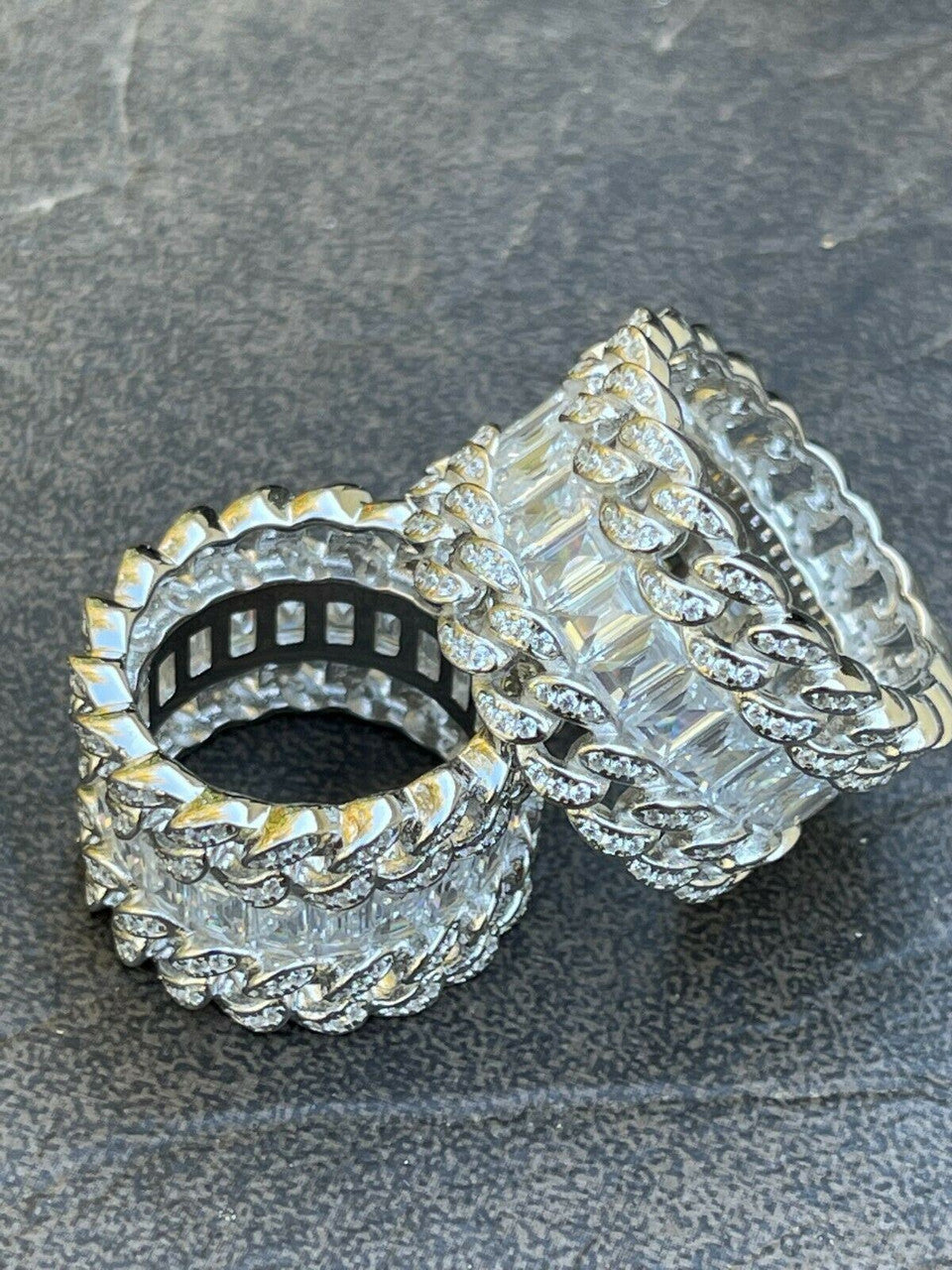 Mens Miami Cuban RING Real Solid 925 Silver Iced Baguette Diamond Hip Hop Band