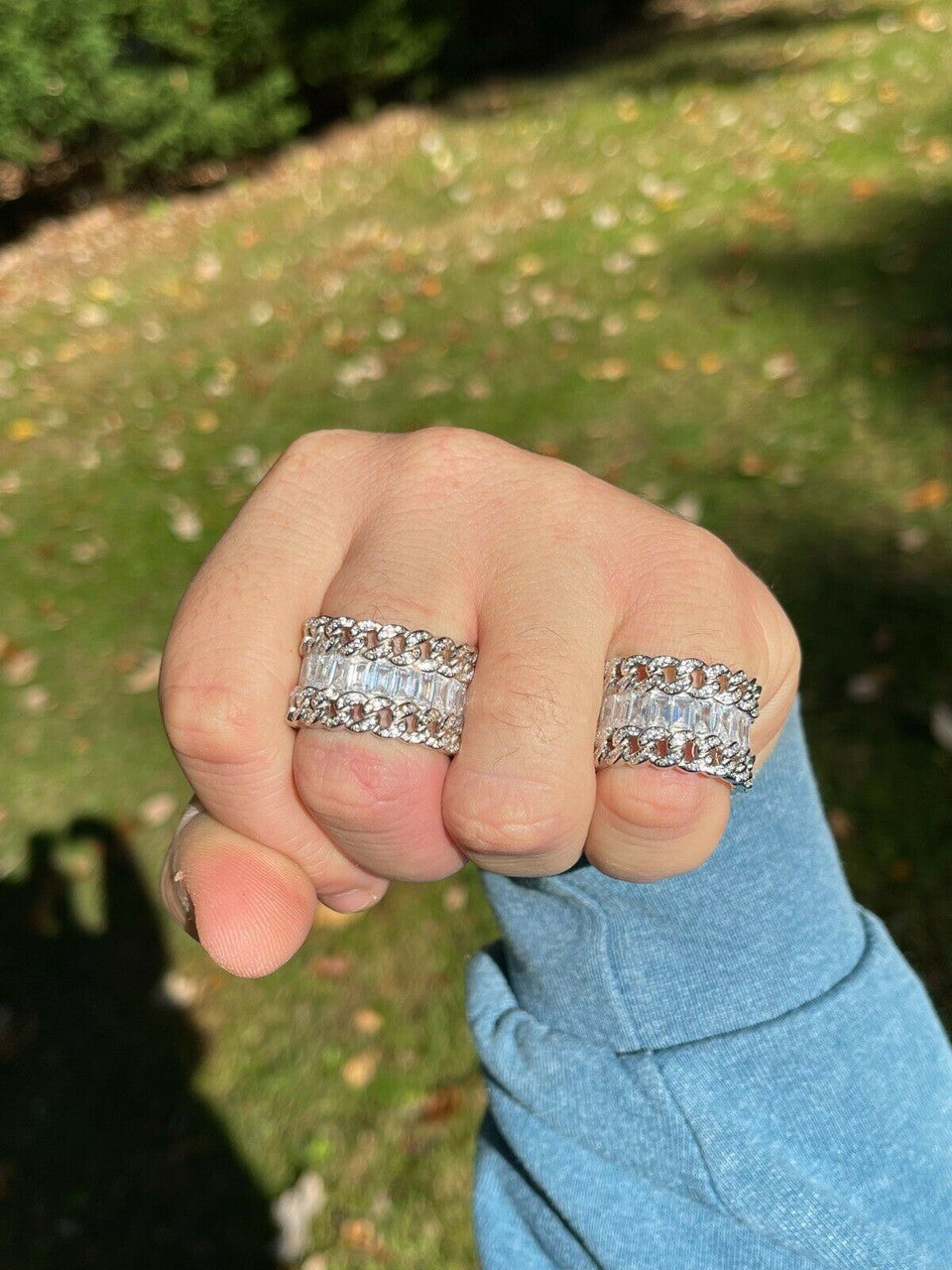 Mens Miami Cuban RING Real Solid 925 Silver Iced Baguette Diamond Hip Hop Band