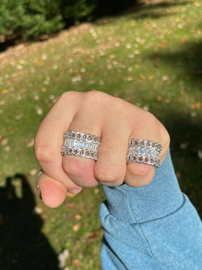 Mens Miami Cuban RING Real Solid 925 Silver Iced Baguette Diamond Hip Hop Band