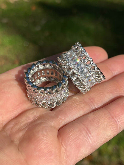 Mens Miami Cuban RING Real Solid 925 Silver Iced Baguette Diamond Hip Hop Band