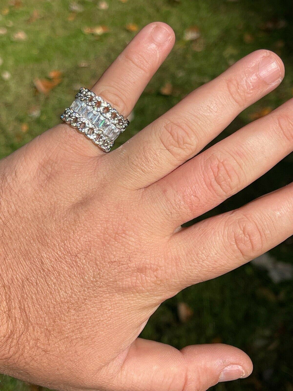 Mens Miami Cuban RING Real Solid 925 Silver Iced Baguette Diamond Hip Hop Band