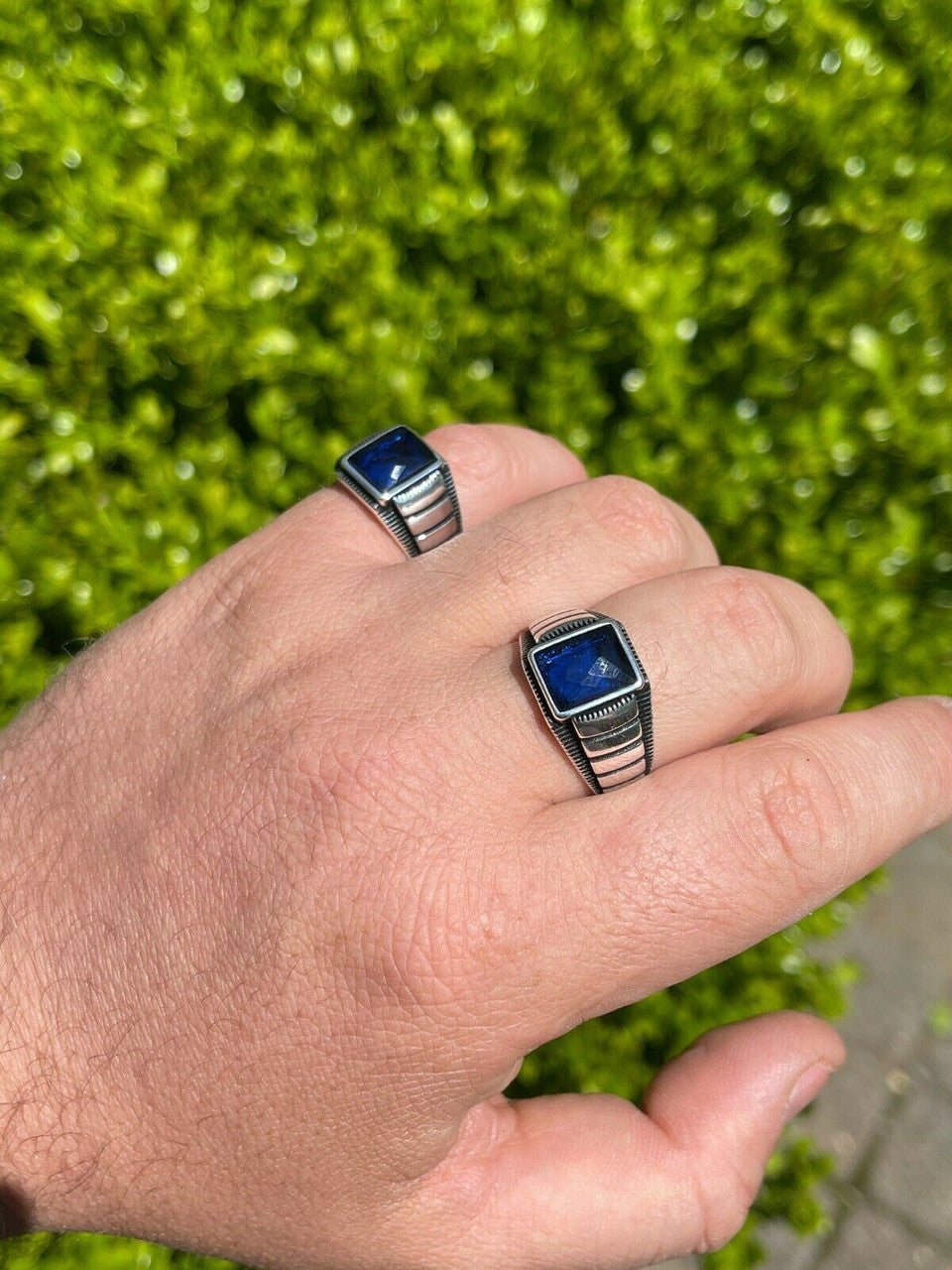 Mens Plain Real 925 Sterling Silver Blue Sapphire Stone Ring Size 7 8 9 10 11 12