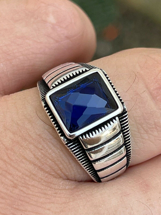 Mens Plain Real 925 Sterling Silver Blue Sapphire Stone Ring Size 7 8 9 10 11 12