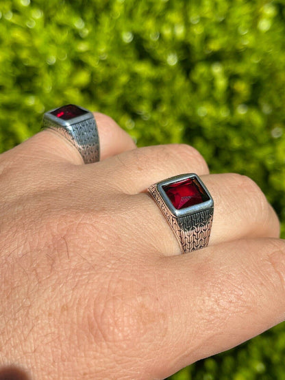 Mens Plain Real 925 Sterling Silver Ruby Red Stone Ring Size 7 8 9 10 11 12 13