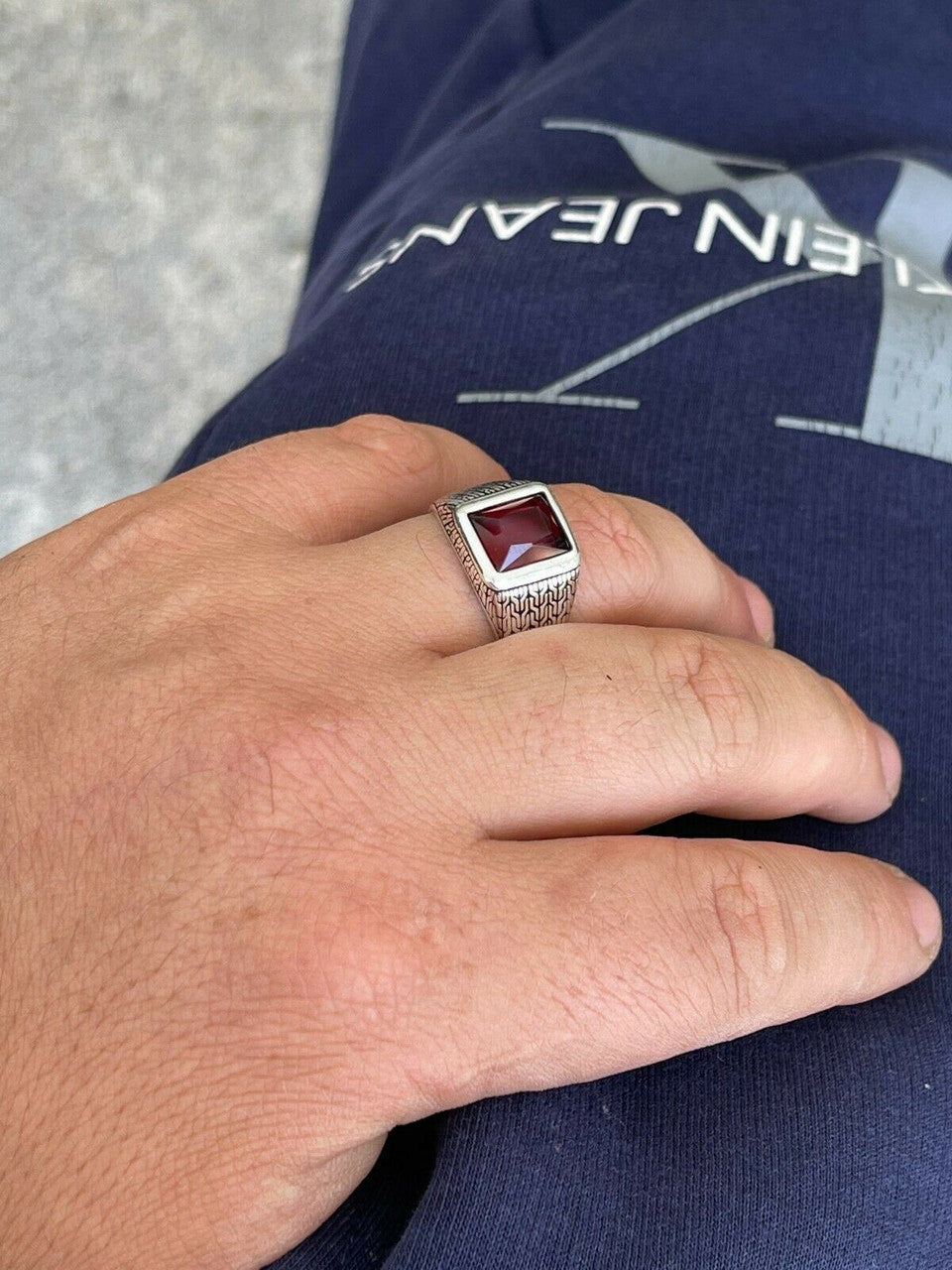 Mens Plain Real 925 Sterling Silver Ruby Red Stone Ring Size 7 8 9 10 11 12 13