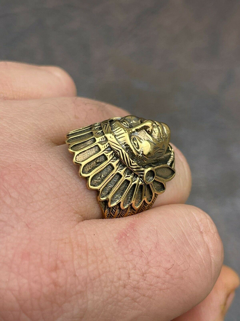 Mens Real 14K Gold Over Solid 925 Sterling Silver Large Indian Head Chief Ring