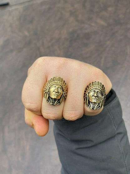 Mens Real 14K Gold Over Solid 925 Sterling Silver Large Indian Head Chief Ring