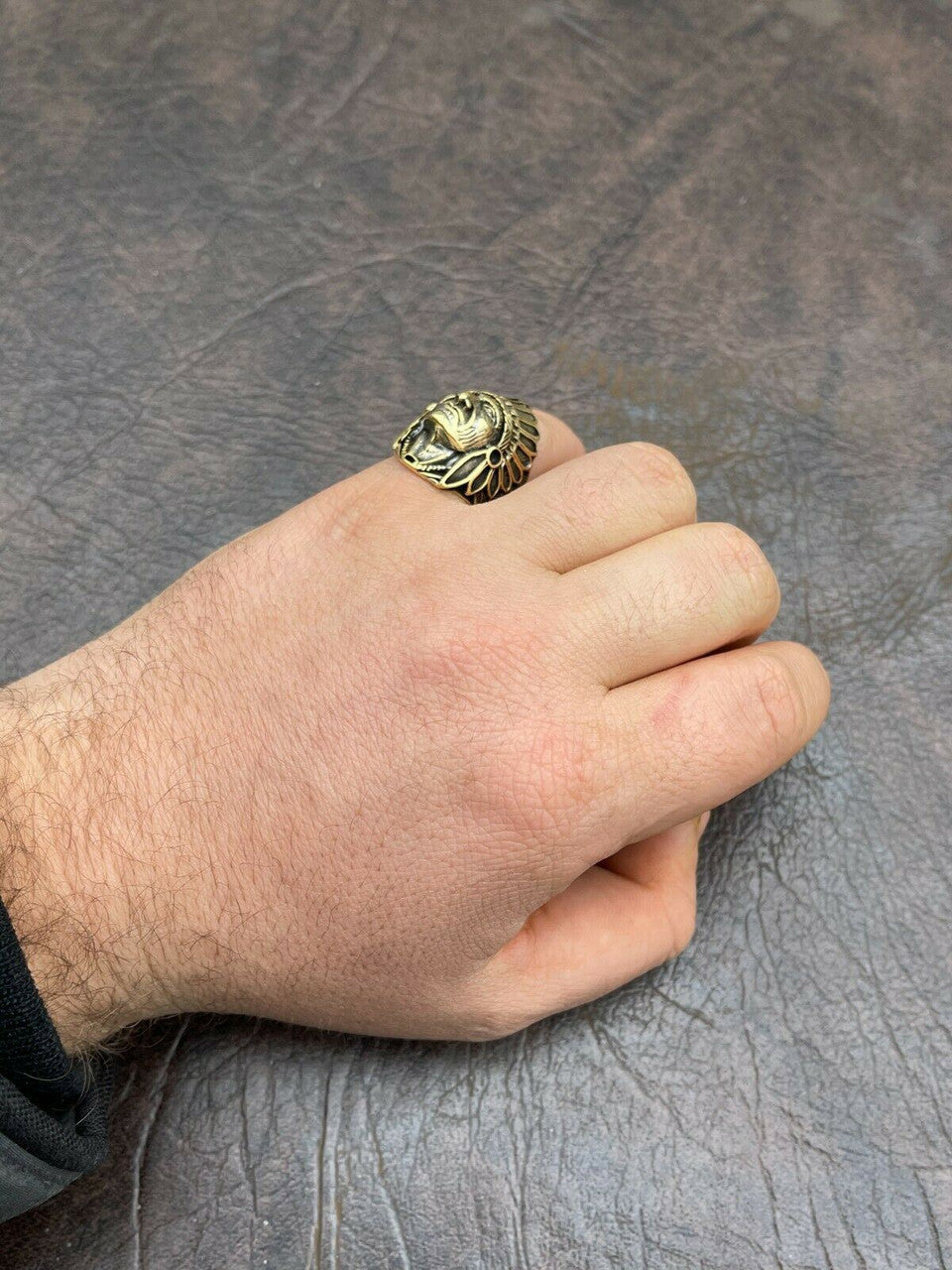 Mens Real 14K Gold Over Solid 925 Sterling Silver Large Indian Head Chief Ring