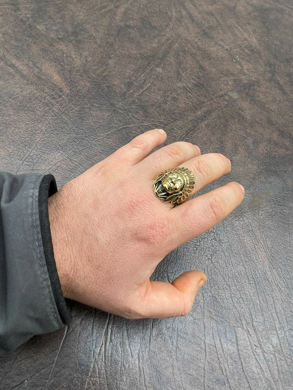 Mens Real 14K Gold Over Solid 925 Sterling Silver Large Indian Head Chief Ring