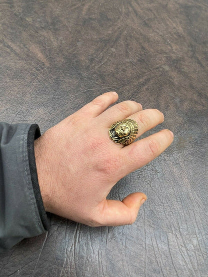 Mens Real 14K Gold Over Solid 925 Sterling Silver Large Indian Head Chief Ring