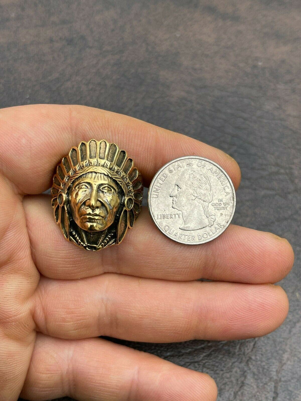 Mens Real 14K Gold Over Solid 925 Sterling Silver Large Indian Head Chief Ring