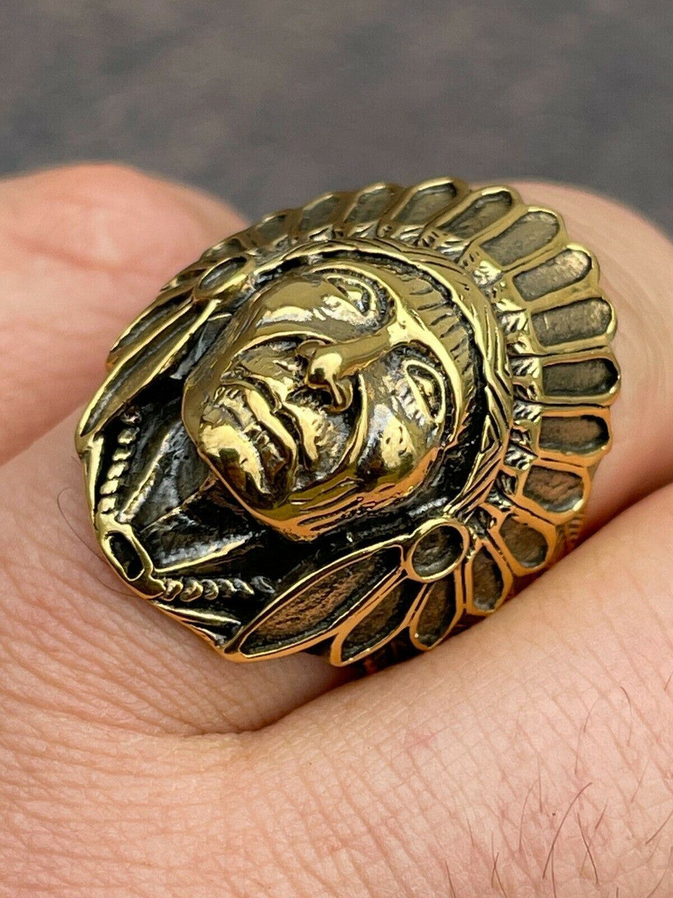 Mens Real 14K Gold Over Solid 925 Sterling Silver Large Indian Head Chief Ring