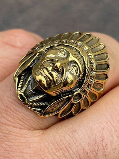 Mens Real 14K Gold Over Solid 925 Sterling Silver Large Indian Head Chief Ring