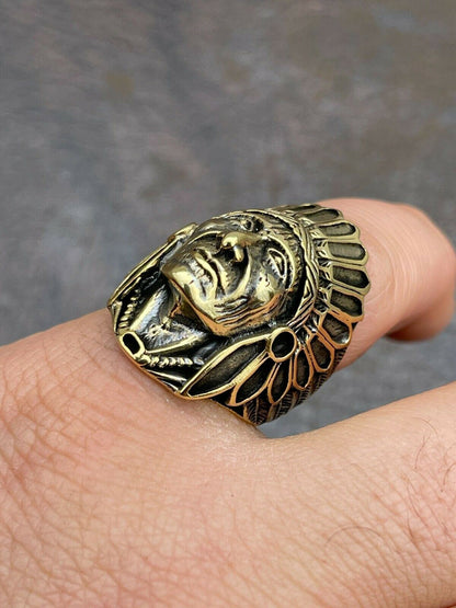 Mens Real 14K Gold Over Solid 925 Sterling Silver Large Indian Head Chief Ring