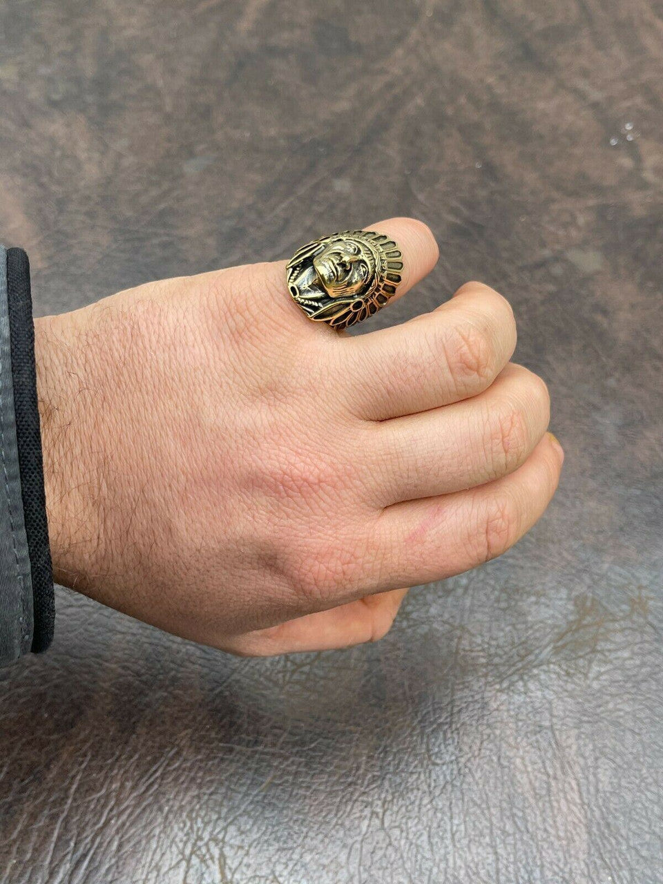 Mens Real 14K Gold Over Solid 925 Sterling Silver Large Indian Head Chief Ring