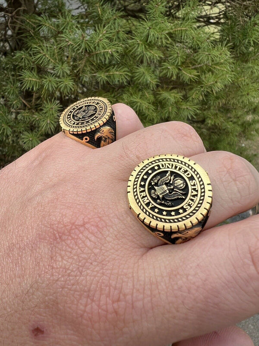 Mens Real 14k Gold Vermeil 925 Silver US Army Military Ring United States 7-13