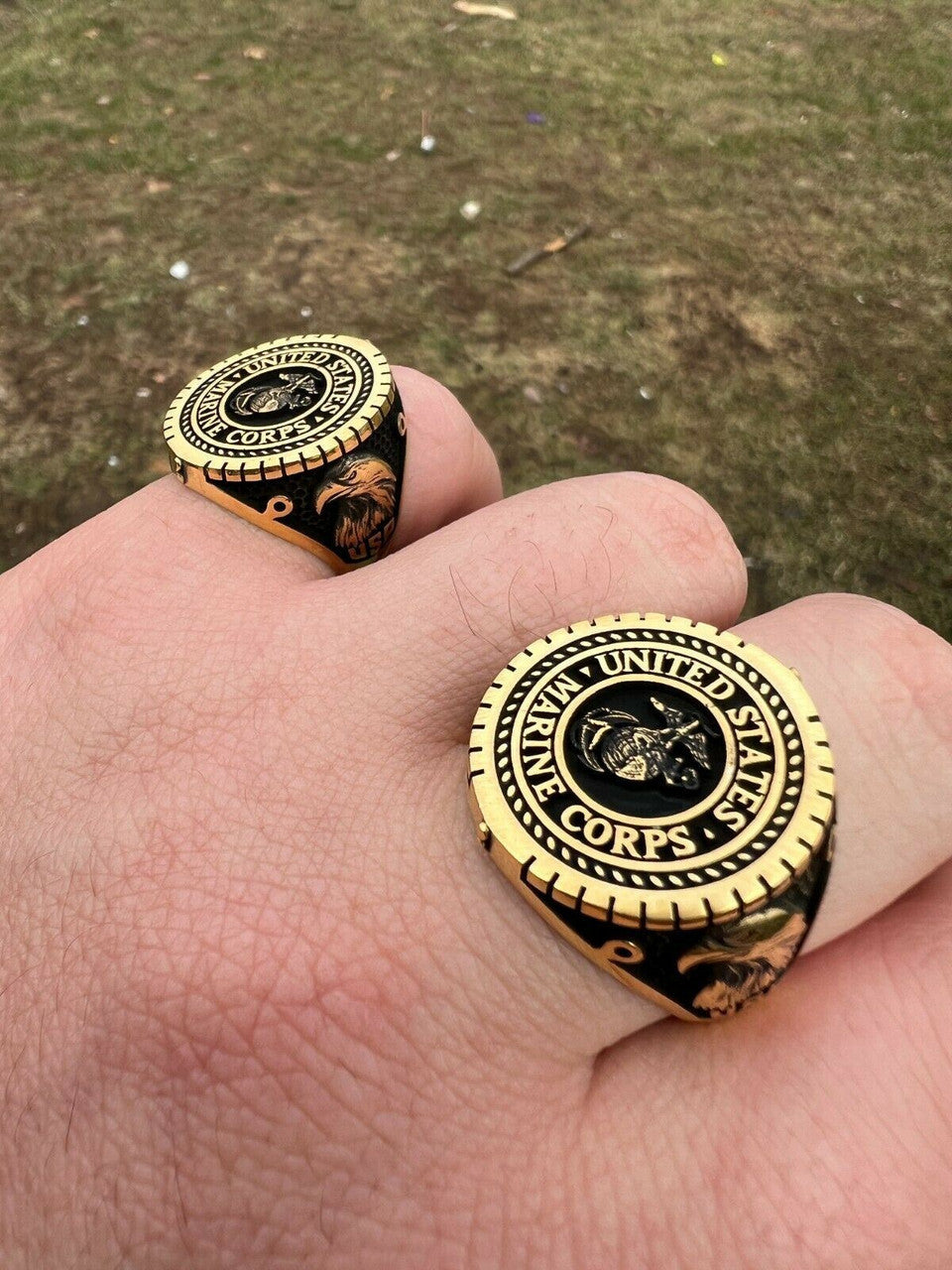 Mens Real 14k Gold Vermeil 925 Silver US Marine Corps Sempre Fi Ring Size 7-13