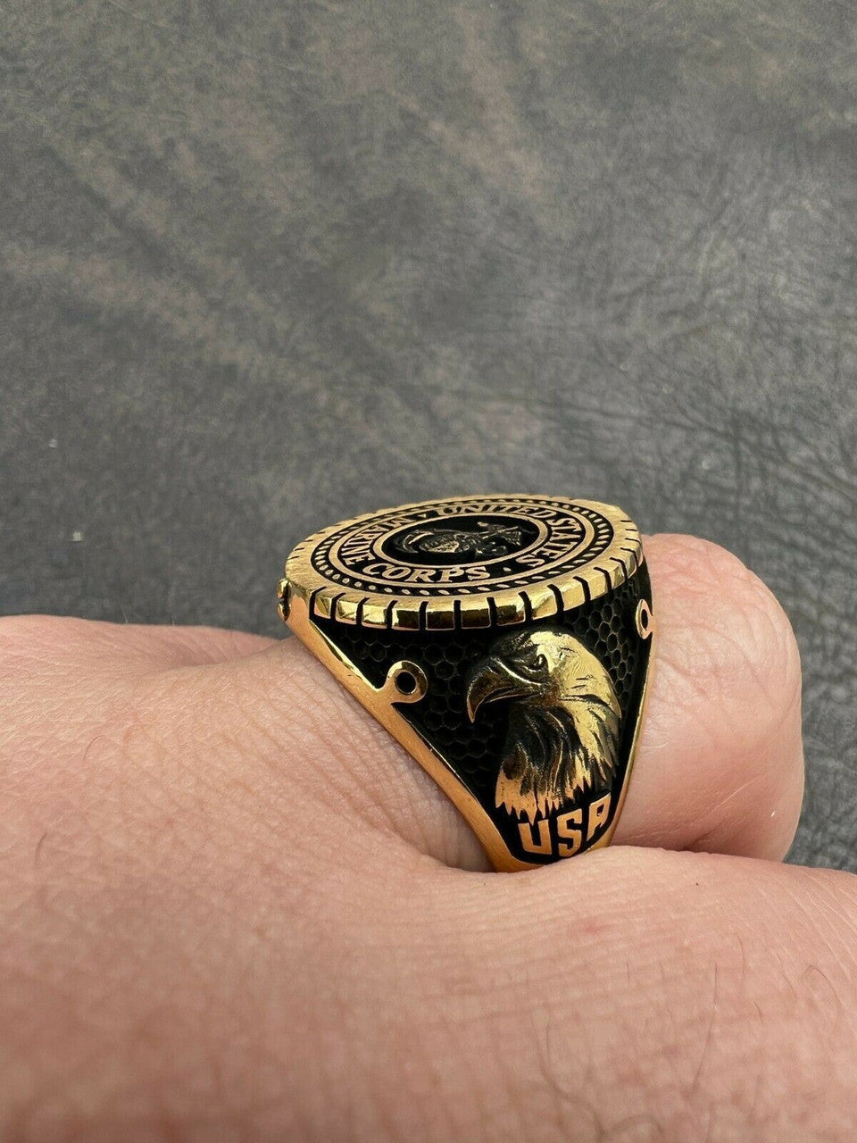 Mens Real 14k Gold Vermeil 925 Silver US Marine Corps Sempre Fi Ring Size 7-13