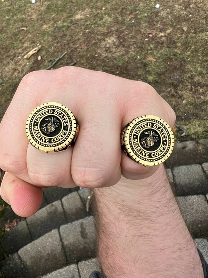 Mens Real 14k Gold Vermeil 925 Silver US Marine Corps Sempre Fi Ring Size 7-13