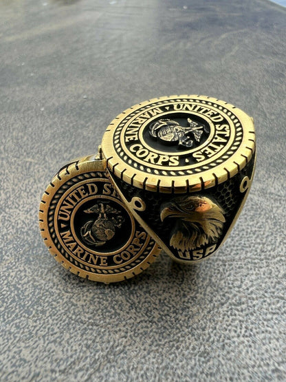 Mens Real 14k Gold Vermeil 925 Silver US Marine Corps Sempre Fi Ring Size 7-13