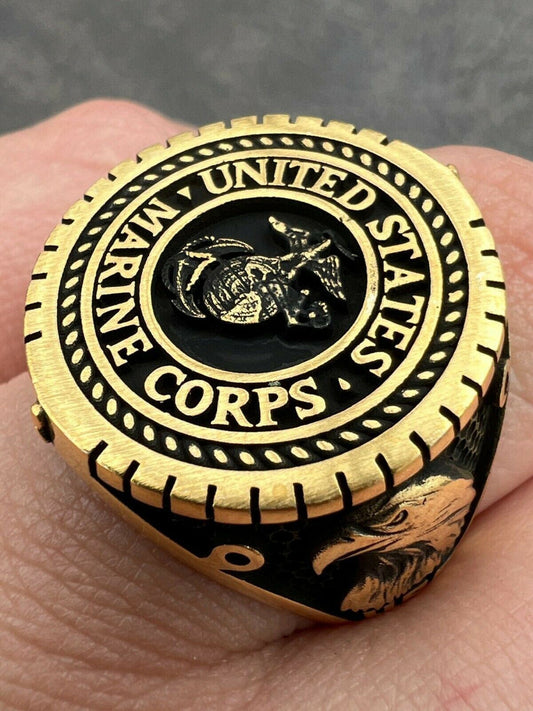 Mens Real 14k Gold Vermeil 925 Silver US Marine Corps Sempre Fi Ring Size 7-13