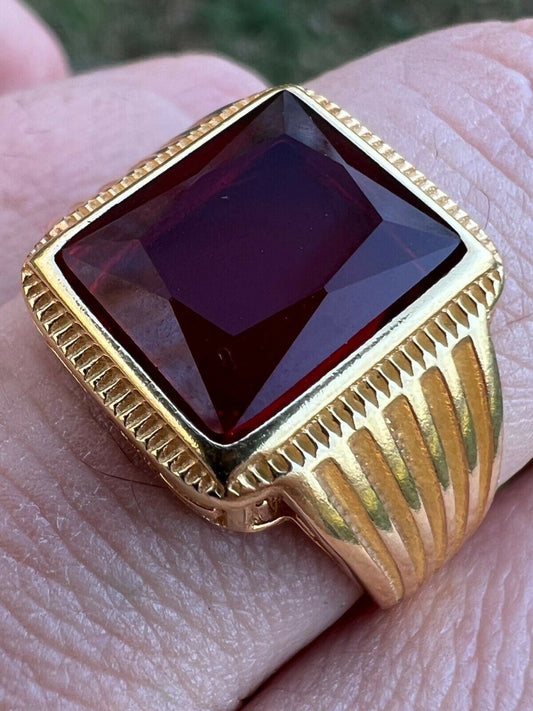 Mens Real 14k Gold Vermeil Over Solid 925 Silver Ruby Red Stone Ring Hip Hop Ice