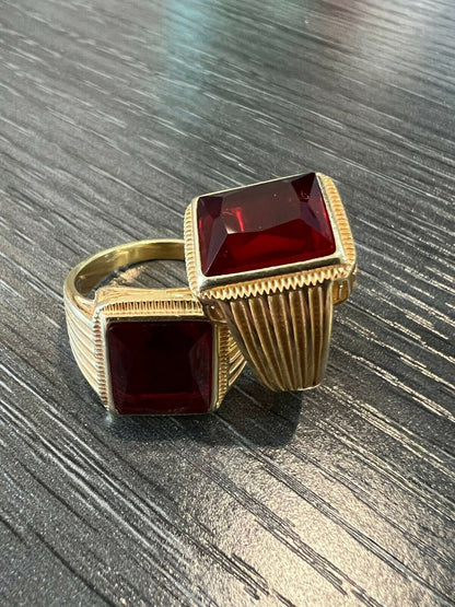 Mens Real 14k Gold Vermeil Over Solid 925 Silver Ruby Red Stone Ring Hip Hop Ice