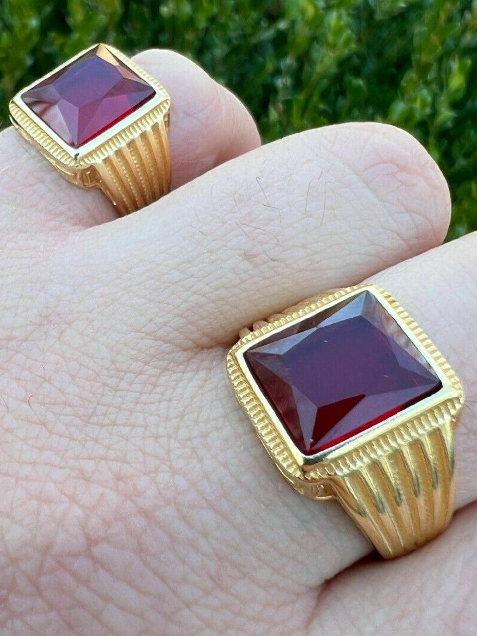 Mens Real 14k Gold Vermeil Over Solid 925 Silver Ruby Red Stone Ring Hip Hop Ice