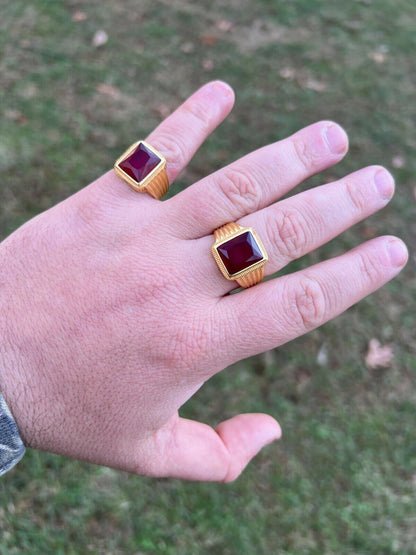 Mens Real 14k Gold Vermeil Over Solid 925 Silver Ruby Red Stone Ring Hip Hop Ice