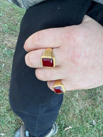 Mens Real 14k Gold Vermeil Over Solid 925 Silver Ruby Red Stone Ring Hip Hop Ice