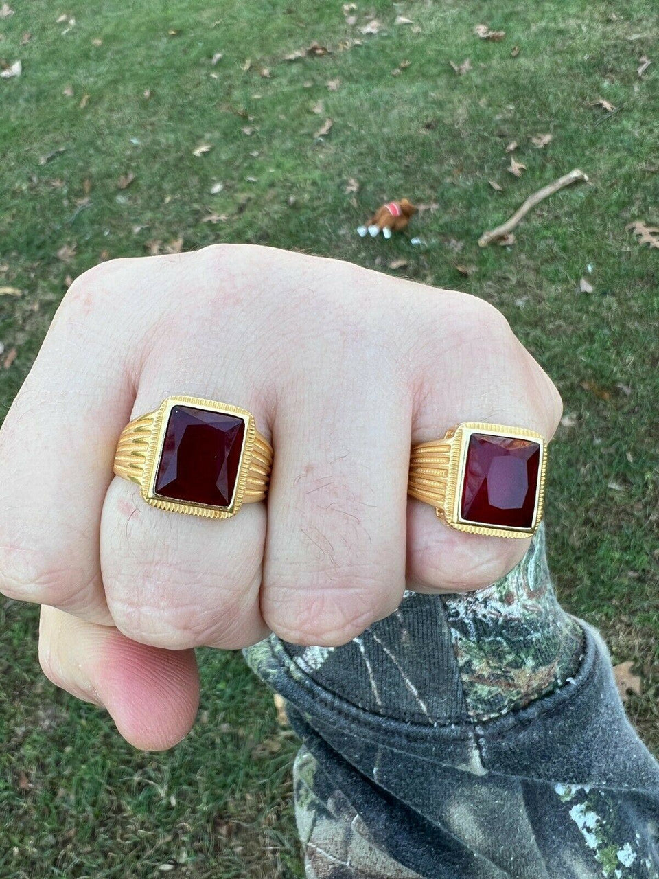 Mens Real 14k Gold Vermeil Over Solid 925 Silver Ruby Red Stone Ring Hip Hop Ice