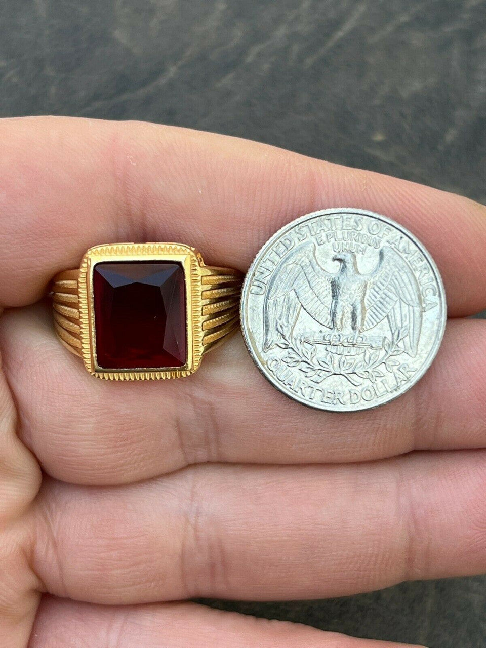 Mens Real 14k Gold Vermeil Over Solid 925 Silver Ruby Red Stone Ring Hip Hop Ice