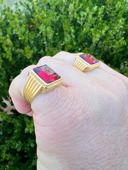 Mens Real 14k Gold Vermeil Over Solid 925 Silver Ruby Red Stone Ring Hip Hop Ice