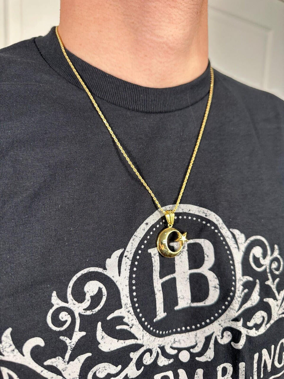 Mens Real 925 Silver / 14k Gold Crescent Moon & Star Islam Muslim Arabic Pendant