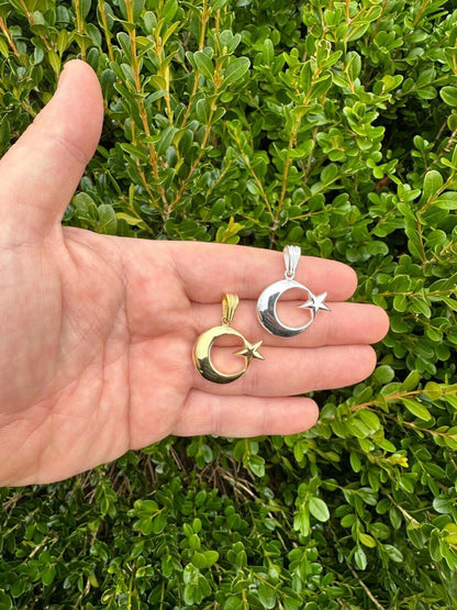 Mens Real 925 Silver / 14k Gold Crescent Moon & Star Islam Muslim Arabic Pendant