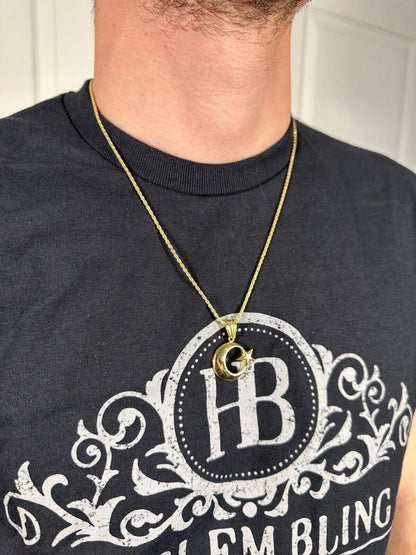 Mens Real 925 Silver / 14k Gold Crescent Moon & Star Islam Muslim Arabic Pendant