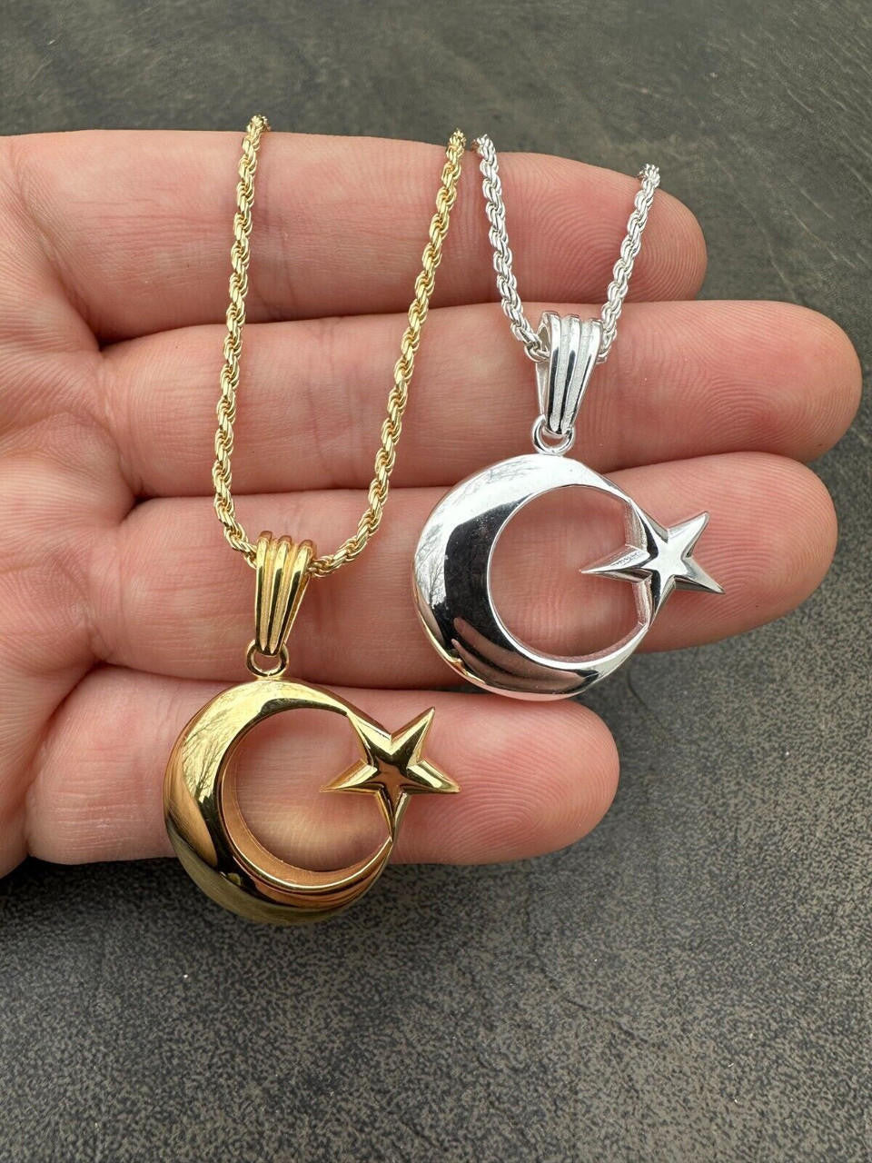Mens Real 925 Silver / 14k Gold Crescent Moon & Star Islam Muslim Arabic Pendant