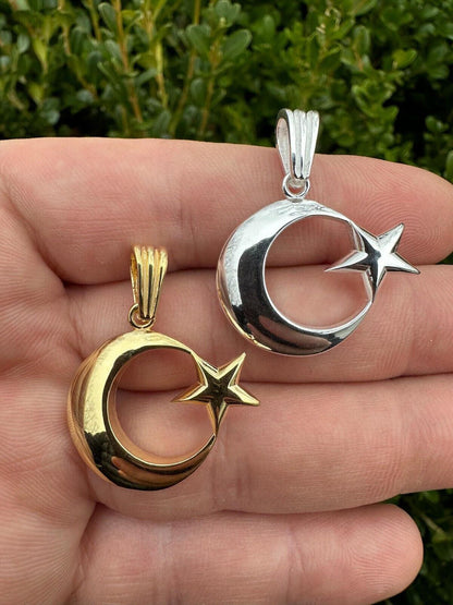 Mens Real 925 Silver / 14k Gold Crescent Moon & Star Islam Muslim Arabic Pendant