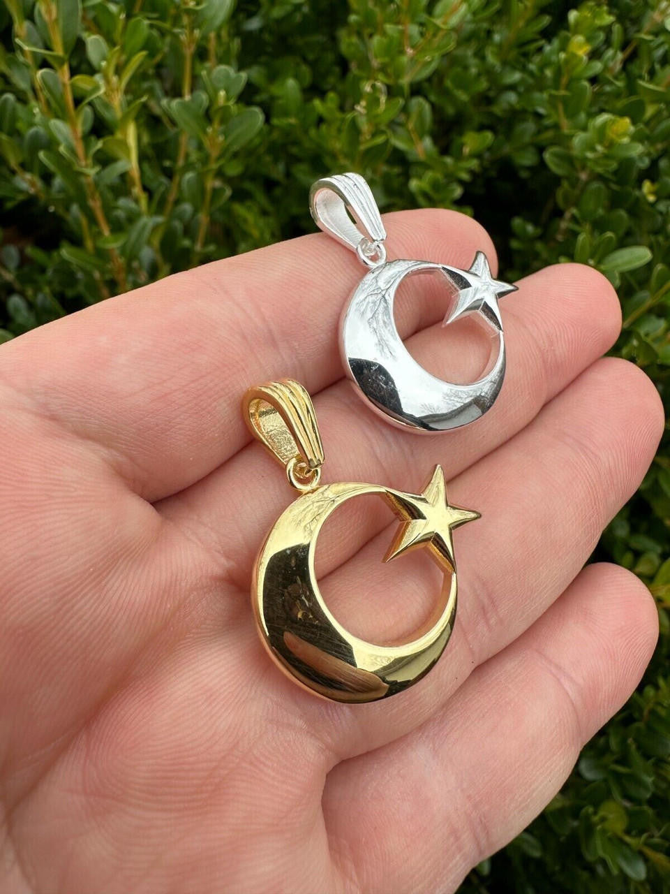 Mens Real 925 Silver / 14k Gold Crescent Moon & Star Islam Muslim Arabic Pendant