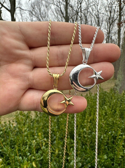 Mens Real 925 Silver / 14k Gold Crescent Moon & Star Islam Muslim Arabic Pendant