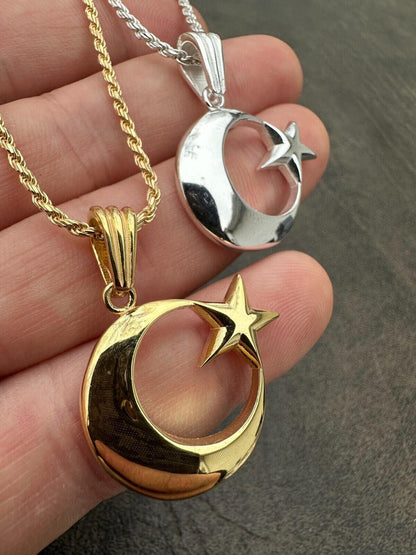 Mens Real 925 Silver / 14k Gold Crescent Moon & Star Islam Muslim Arabic Pendant