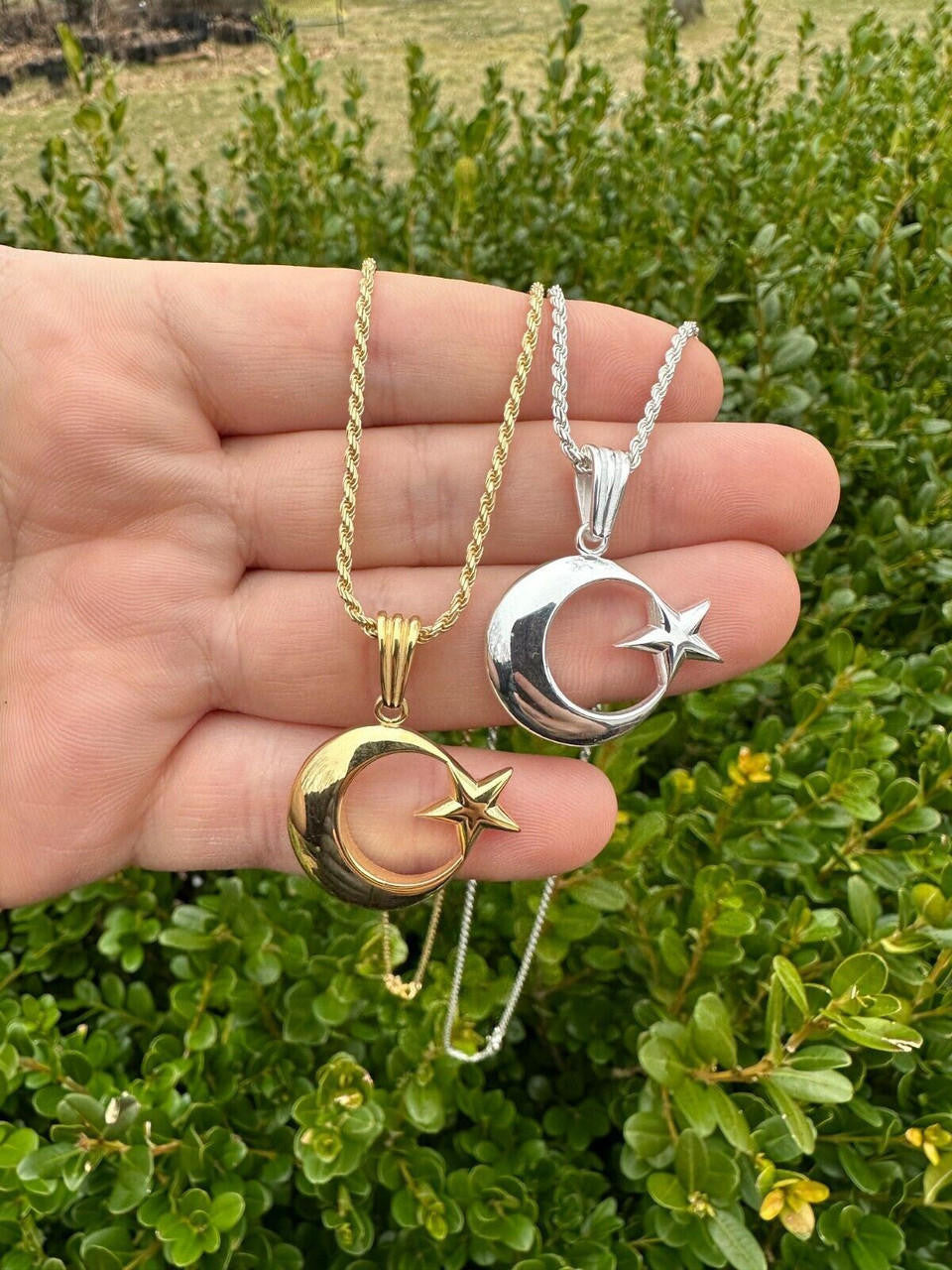Mens Real 925 Silver / 14k Gold Crescent Moon & Star Islam Muslim Arabic Pendant