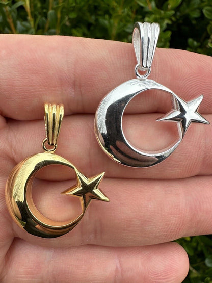 Mens Real 925 Silver / 14k Gold Crescent Moon & Star Islam Muslim Arabic Pendant