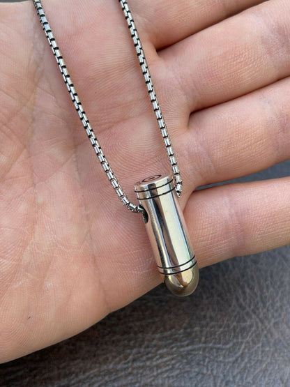 Mens Real 925 Sterling Silver and 14k Gold Bullet Pendant Necklace Chain 9mm Gun