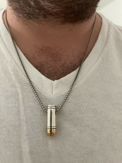 Mens Real 925 Sterling Silver and 14k Gold Bullet Pendant Necklace Chain 9mm Gun
