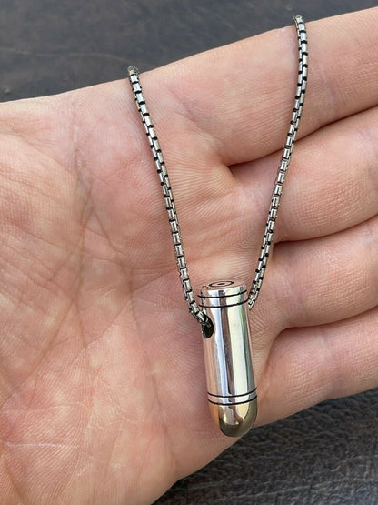 Mens Real 925 Sterling Silver and 14k Gold Bullet Pendant Necklace Chain 9mm Gun