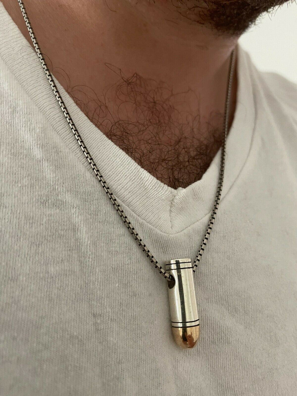 Mens Real 925 Sterling Silver and 14k Gold Bullet Pendant Necklace Chain 9mm Gun