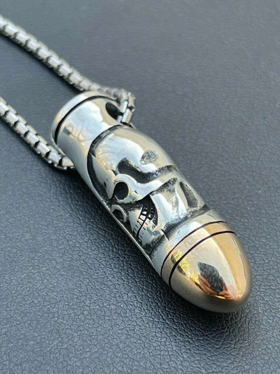 Mens Real 925 Sterling Silver and 14k Gold Bullet W Skull Pendant Necklace Chain